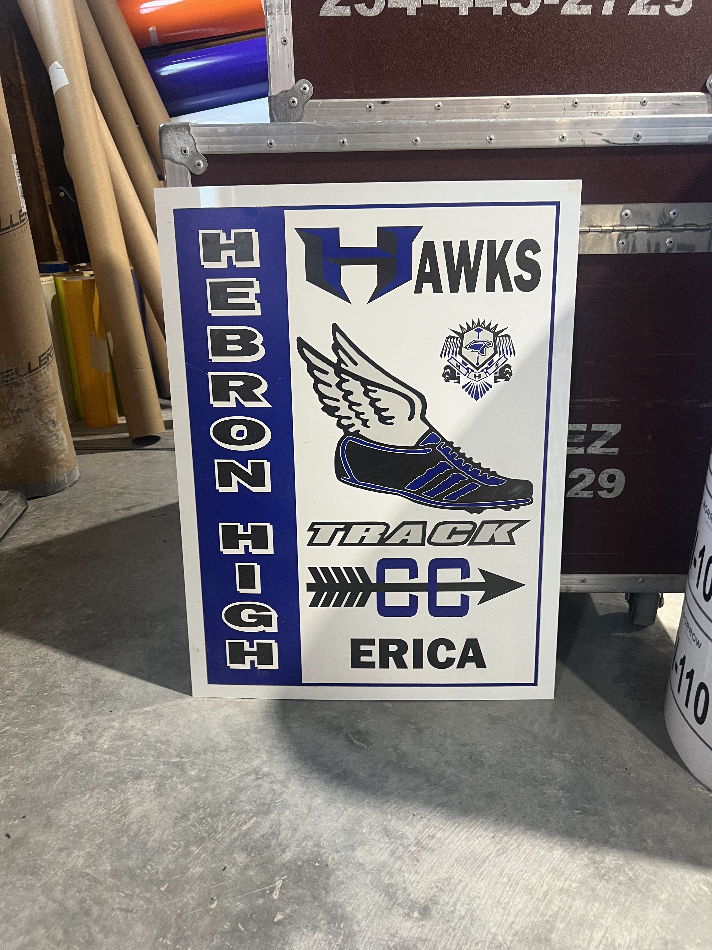 Hebron High School Hawks track and cross country yard sign with team graphics